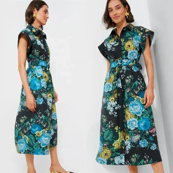 Tuckernuck Verdant Floral Chloe Midi Dress NWT S Green Shirt Dress No Belt - Picture 2 of 11
